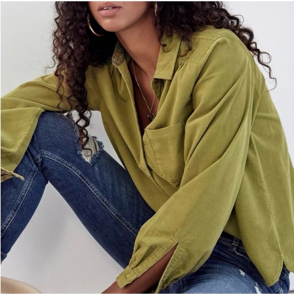 PILCO BY ANTHROPOLOGIE "Sigourney" Green Corduroy Button Down Balloon SLV Top, S